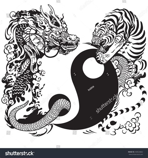 Yin Yang Symbol With Tiger And Dragon Fighting Black And White Tattoo
