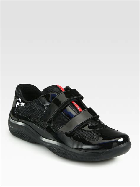 Prada Americas Cup Patent Leather Mesh Sneakers In Black Lyst