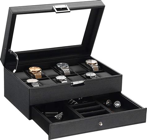 BEWISHOME Watch Box Organizer With Valet Drawer Real Glass Top