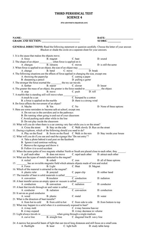 Pt Science 4 Q3 Periodic Test Third Periodical Test Science 4 File Submitted To Depedclub