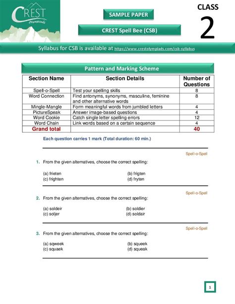 CREST International Spell Bee CSB Class 2 Sample Paper