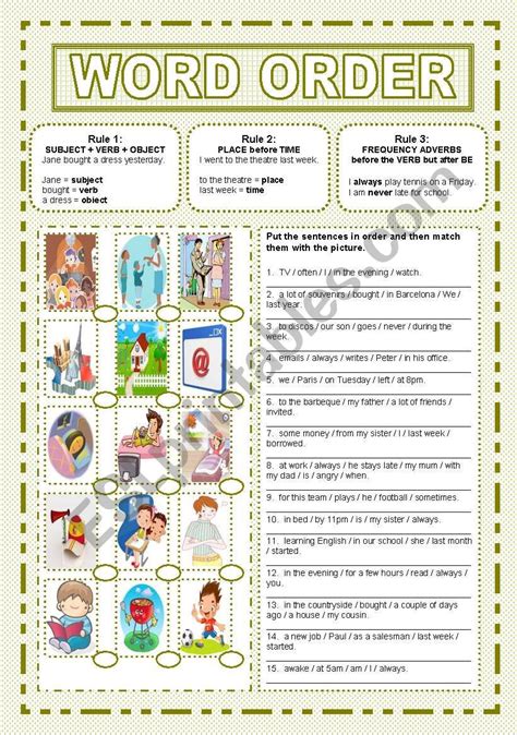 Word Order Worksheet Word Order Subject And Verb Words