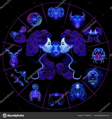 Neon Horoscope Circle With Signs Of Zodiac Set Astrology Signs Gemini