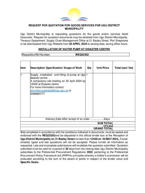 Fillable Online Request For Quotation Documents May Be Obtained From