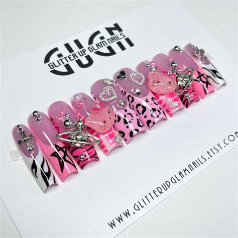 Pink Mix Match Retro Press On Nails Etsy