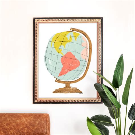 Globe Art Print World Map Painting Travel Wall Art Vintage Home Decor