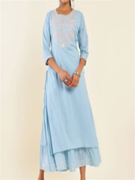 Buy Soch Blue Floral Embroidered Layered Cotton A Line Ethnic Dress