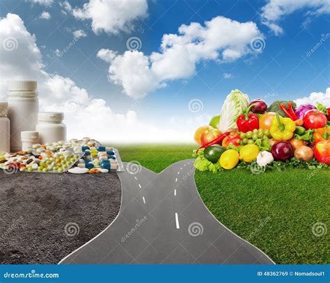 Healthy Food or Medical Pills Stock Image - Image of confusion, drugs: 48362769