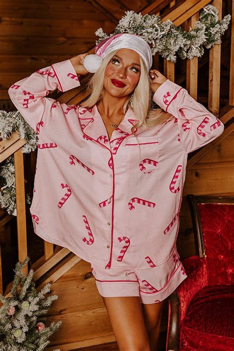 Candy Cane Kisses Satin Pajama Top Pajama Set Pajamas Short Pajama Set