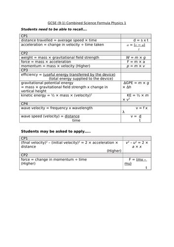 Edexcel Gcse 9 1 Combined Science Formula By Topic By Catheliz