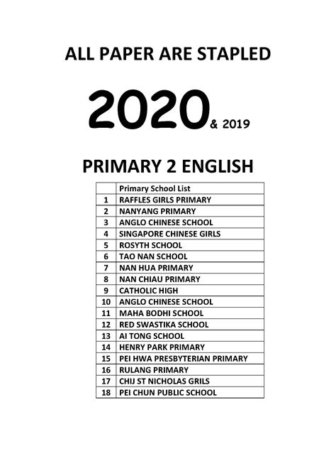 2020 Primary 2 Top School Past Year Exam Papers Open Paper