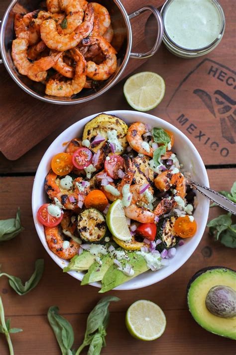 Grilled Red Curry Shrimp Bowls With Squash And Basil Yogurt Sauce The