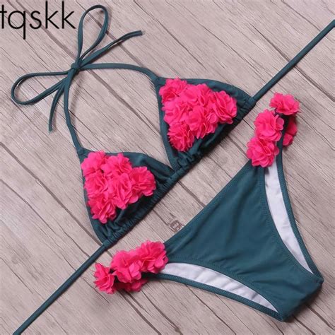 Tqskk Floral Bikinis Women Swimsuit 2019 New Halter Top Summer Swim Bathing Suit Padded Sexy