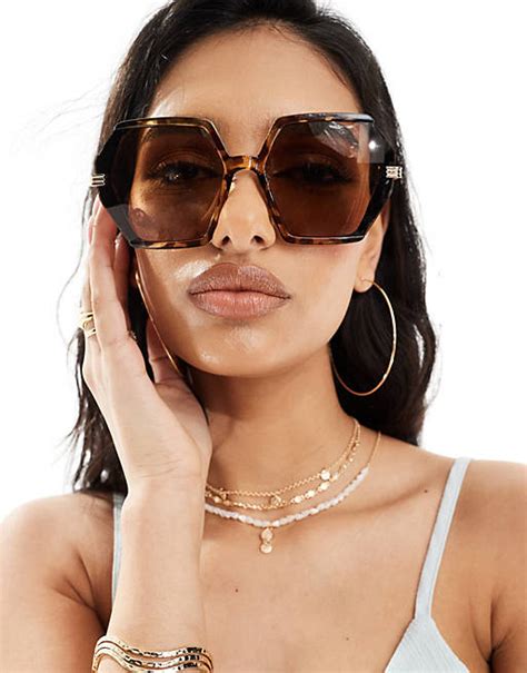 River Island Oversized Hexagonal Sunglassses In Dark Brown Asos