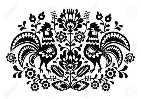 Polish Floral Embroidery With Roosters Traditional Folk Pattern Stock