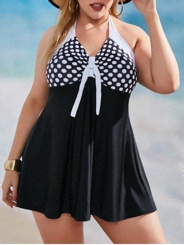 Off Plus Size Polka Dot Halter Backless Skirted One Piece