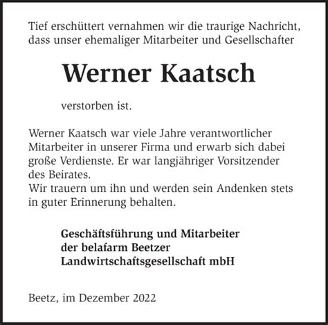 Traueranzeigen Von Werner Kaatsch M Rkische Onlinezeitung Trauerportal