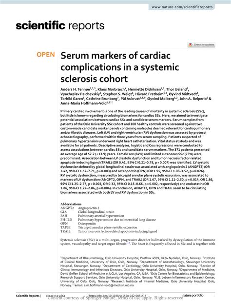 PDF Serum Markers Of Cardiac Complications In A Systemic Sclerosis Cohort