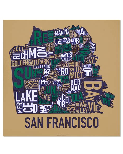 San Francisco Neighborhood Map 22 X 22 Multi Color Screenprint