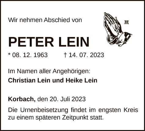 Traueranzeigen Von Peter Lein Trauer Hna De