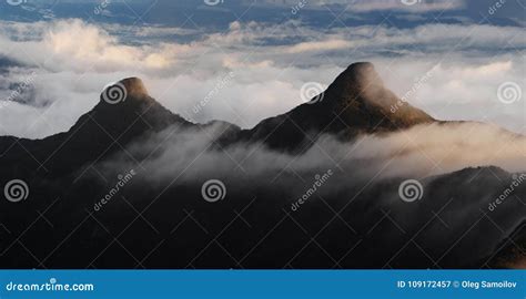 Mountain Peaks in the Clouds. Sunrise on Adam`s Peak Stock Image ...