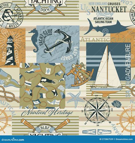 Vintage Nautical Style Marine Sailing Elements Patchwork Stock Vector