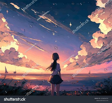 Anime Girl Watching Pastel Clouds Digital Stock Illustration 2258056797 ...