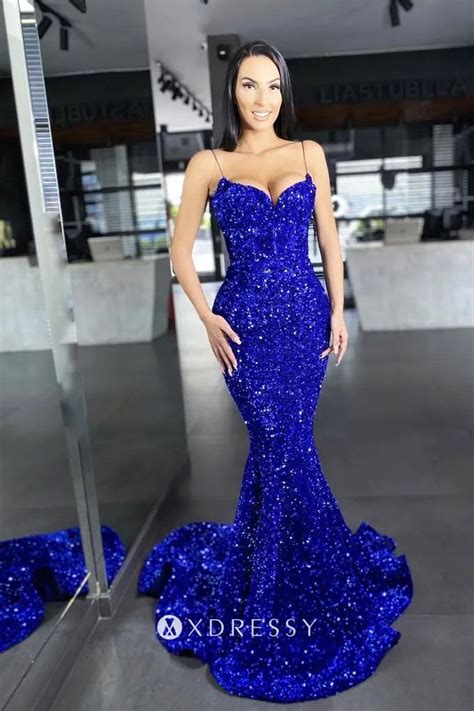 Royal Blue Sequin Spaghetti Strap Mermaid Formal Wear Xdressy