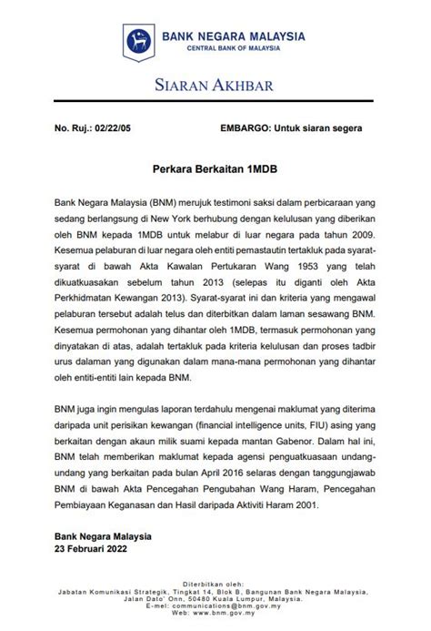 Bank Negara Malaysia Bnm Merujuk Testimoni Saksi Perbicaraan Mdb