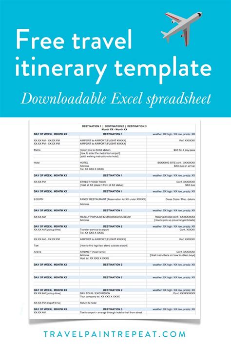 The Free Travel Itinerary Template Is Shown In Blue And White With An