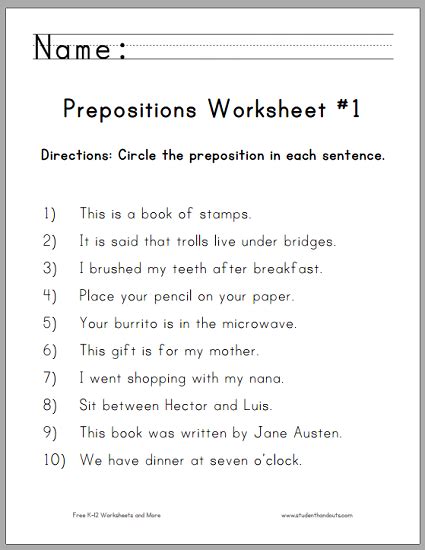 Circle The Prepositions Worksheets For First Grade Student Handouts