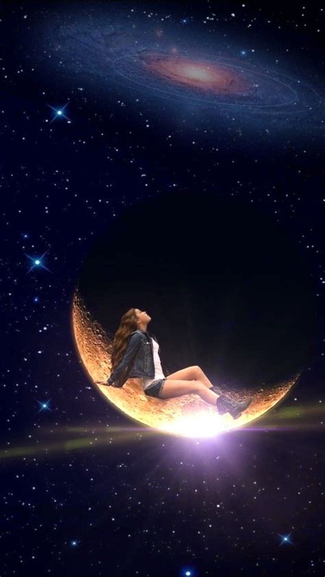 A Woman Sitting On The Moon With Stars In The Background