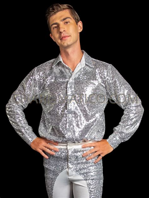 Shimmering Silver 70s Disco Party Mens Sequin Shirt