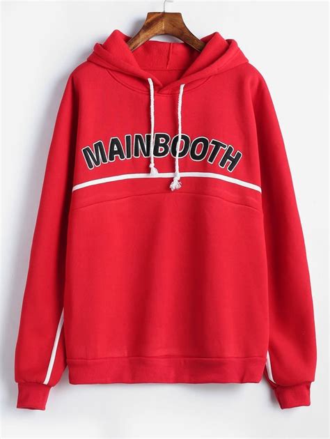 Fleece Lining Letter Graphic Hoodie Red Ad Letter Lining