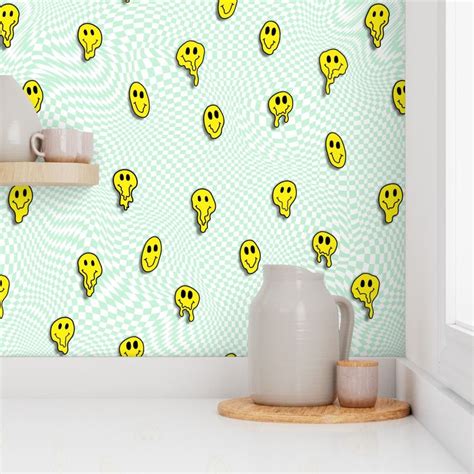 Trippy Smiles On Checkerboard White And Wallpaper Spoonflower