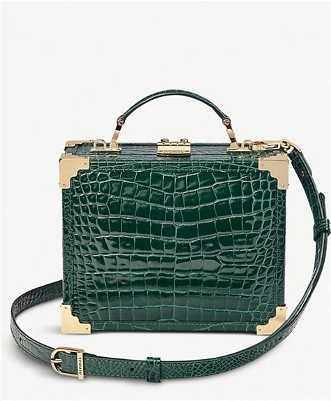 Aspinal Of London Green Trunk Mini Croc Embossed Leather Clutch Bag