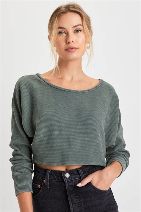 Washed Olive Green Top Scoop Neck Top Ribbed Knit Crop Top Lulus