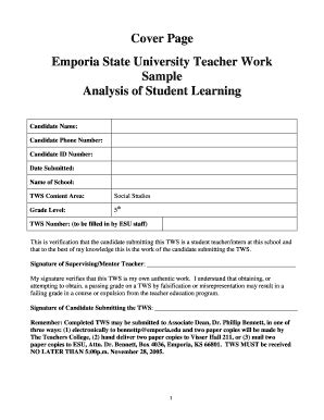 Fillable Online Emporia Cover Page Emporia State University Teacher