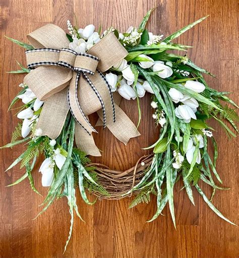 White Tulip Wreath For Front Door Spring Farmhouse Fern Wreath With