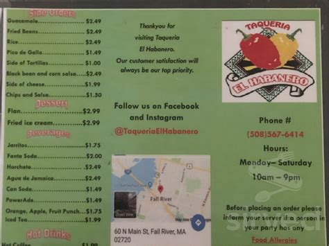 Taqueria El Habanero Menu In Fall River Massachusetts USA