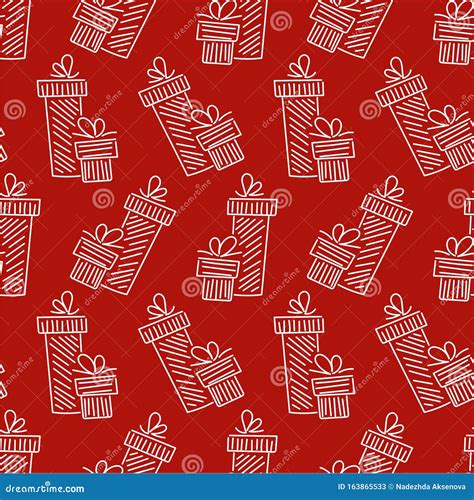 Hand Drawn Seamless Pattern With Gift Boxes And Bows Doodle Line