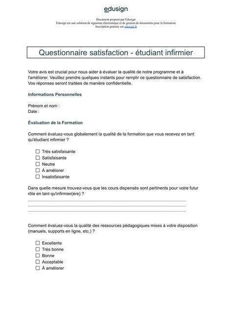 Mod Le De Questionnaire De Satisfaction Etudiant Infirmier Edusign