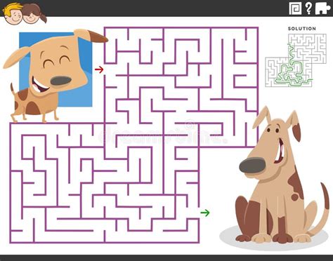 Maze Puzzle With Cartoon Adult Dog And Little Puppy Stock Vector