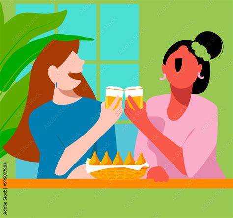 Vetor De Amigas Bebendo Cerveja E Comendo Coxinha Na No Bar Boteco