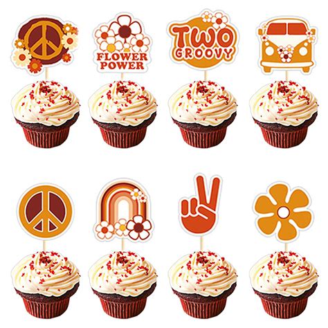 24 Pcs Two Groovy Cupcake Toppers 2nd Birthday Hippie Dessert Cupcake