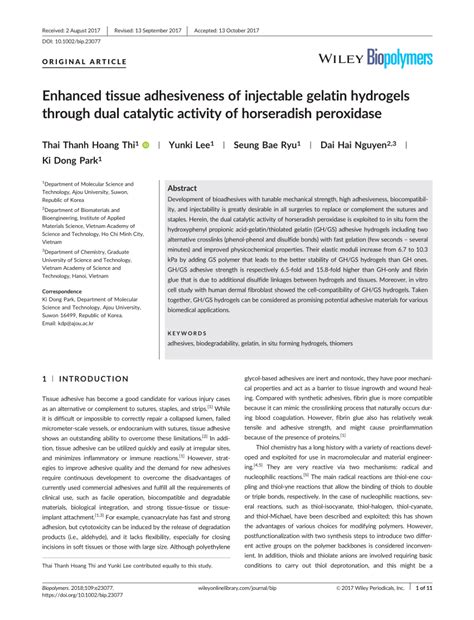 Pdf Enhanced Tissue Adhesiveness Of Injectable Gelatin Hydrogels