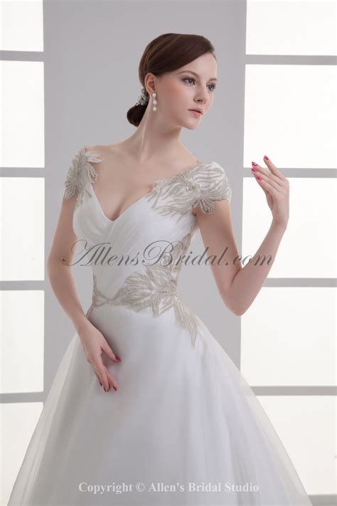 Allens Bridal Organza V Neckline Ball Gown Sweep Train Embroidered