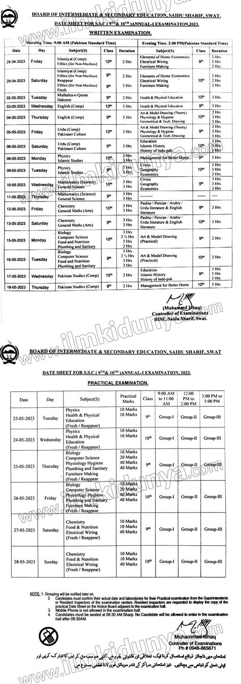 Bise Swat Board 9th Class Date Sheet 2025