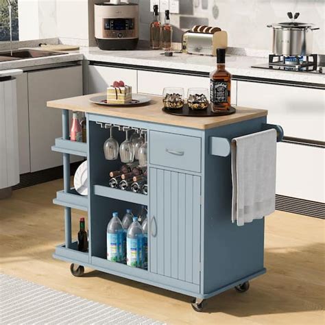 OLUMAT Gray Blue Wood 40 In Kitchen Island With Wine Rack And