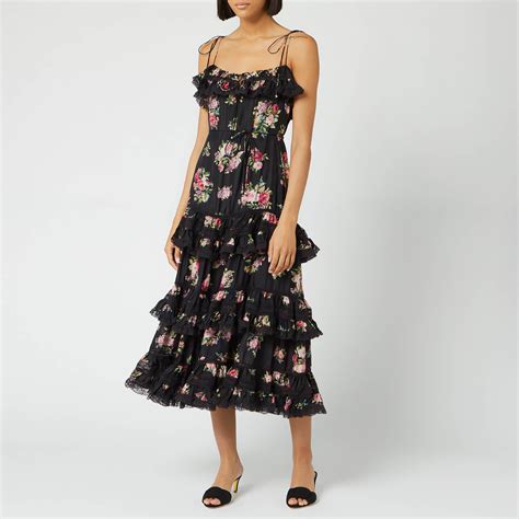 Zimmermann Silk Honour Floral Print Tiered Dress In Black Floral Black